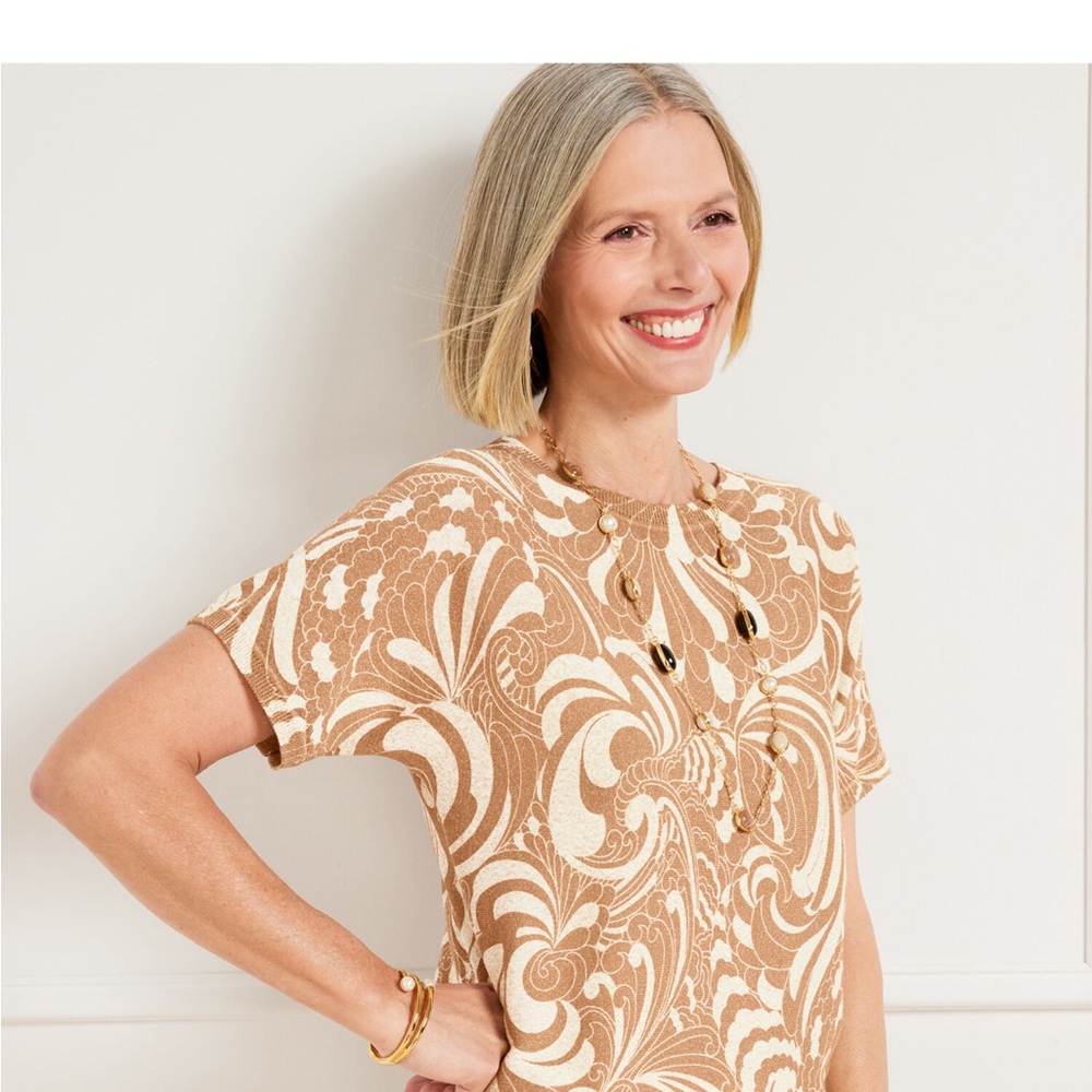 Talbots Cream and Brown Swirl Short Sleeve Top